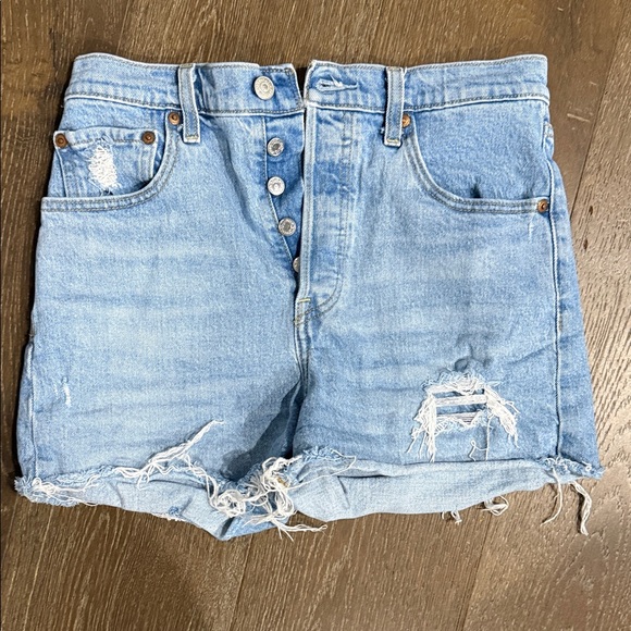 Levi's Pants - Levi's Light Blue Wash Ribcage Jean Shorts with Distressed Details Size 28